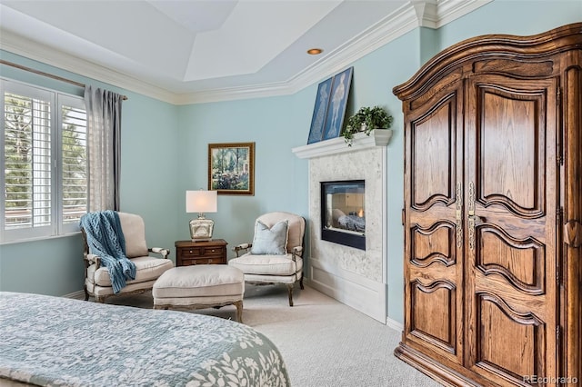 32 Silver Fox Cir, Greenwood Village, CO 80121 - carpeted bedroom with a glass covered fireplace, ornamental molding, and baseboards