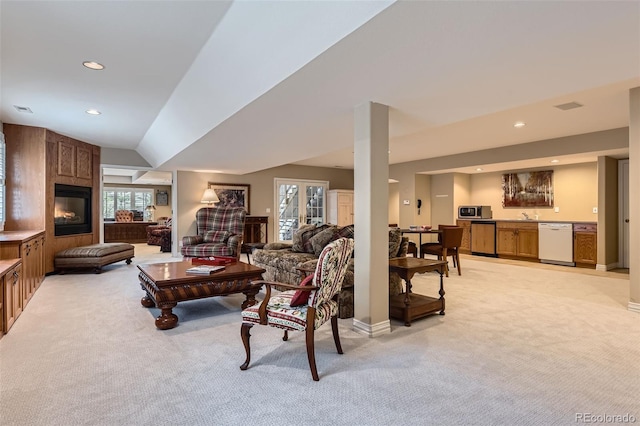 32 Silver Fox Cir, Greenwood Village, CO 80121 - living room featuring light colored carpet, wet bar, recessed lighting, and plenty of natural light
