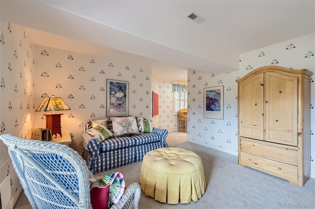 32 Silver Fox Cir, Greenwood Village, CO 80121 - living area featuring wallpapered walls, light carpet, and baseboards