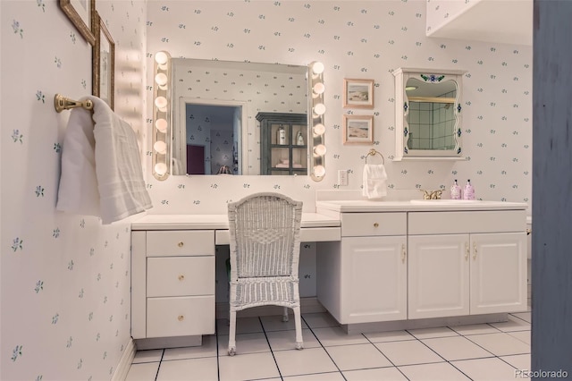 32 Silver Fox Cir, Greenwood Village, CO 80121 - bathroom with wallpapered walls, vanity, and tile patterned flooring