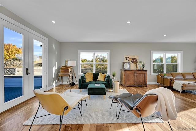 living room with french doors and light wood-type flooring