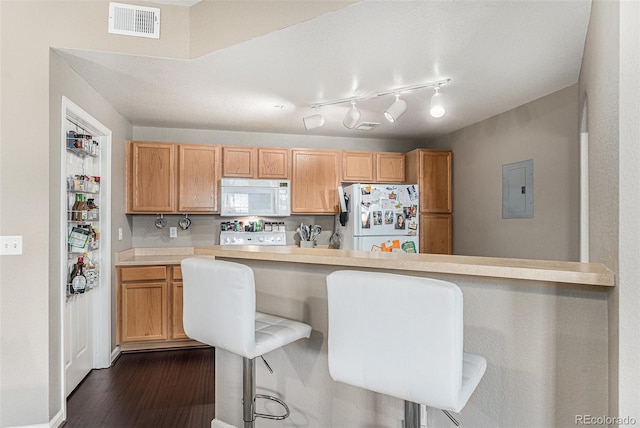 kitchen with visible vents, light countertops, electric panel, white appliances, and dark wood-style flooring