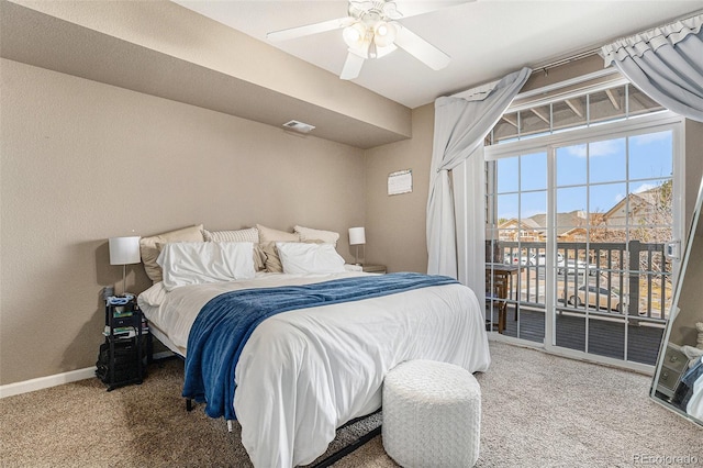 carpeted bedroom with a ceiling fan, access to outside, baseboards, and visible vents