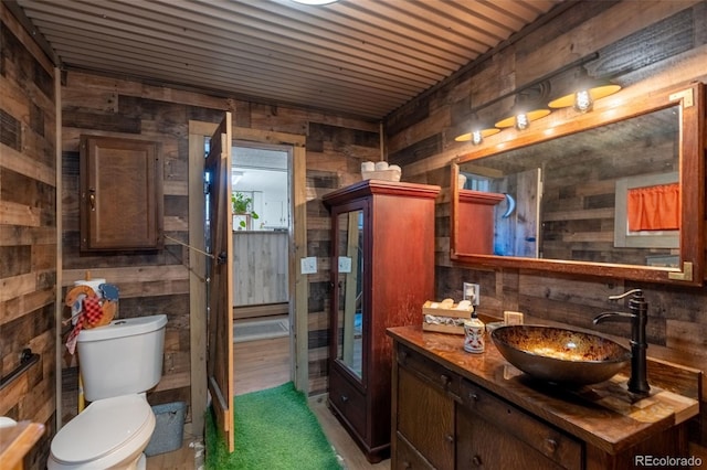 bathroom with wood walls, vanity, and toilet