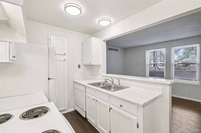 6705 S Field St Unit 803, Littleton, CO 80128 - kitchen featuring white appliances, extractor fan, white cabinets, a peninsula, and light countertops