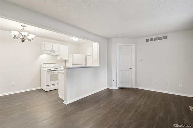 6705 S Field St Unit 803, Littleton, CO 80128 - kitchen featuring white appliances, custom exhaust hood, dark wood finished floors, a chandelier, and a textured ceiling