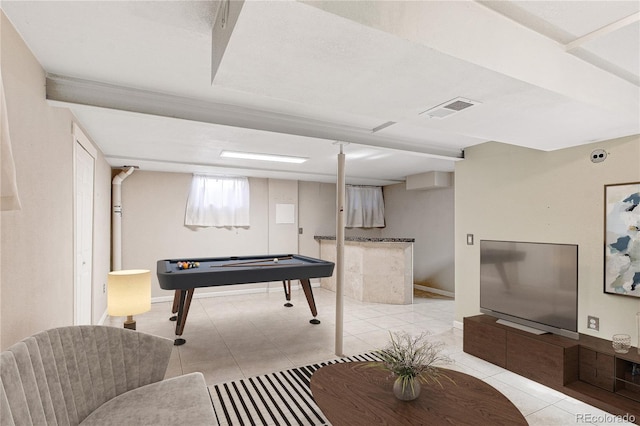 rec room featuring visible vents, billiards, and light tile patterned flooring