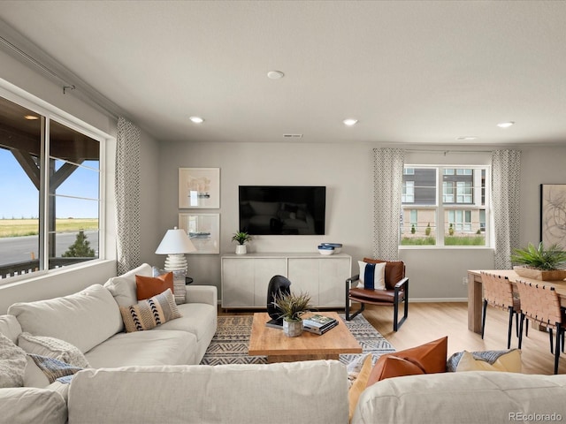 20802 E 66th Ave, Aurora, CO 80019 - living room featuring light wood-type flooring, recessed lighting, and baseboards