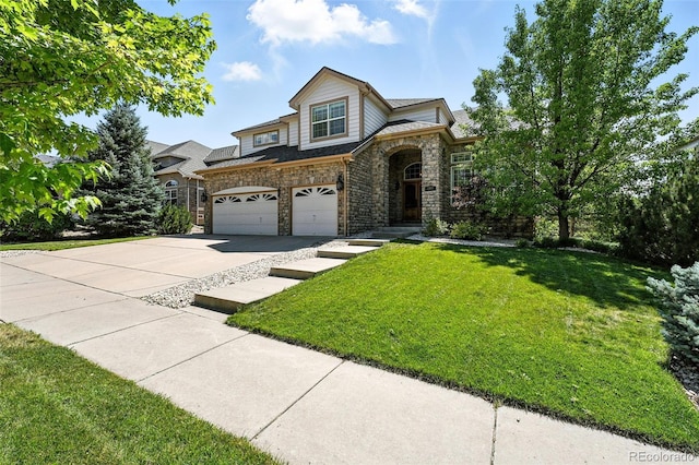 7809 S Coolidge Way, Aurora, CO 80016 - view of front of home featuring driveway, a garage, a front lawn, and stone siding
