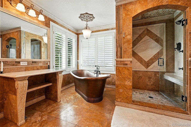 7809 S Coolidge Way, Aurora, CO 80016 - bathroom with ornamental molding, a shower stall, and a freestanding tub