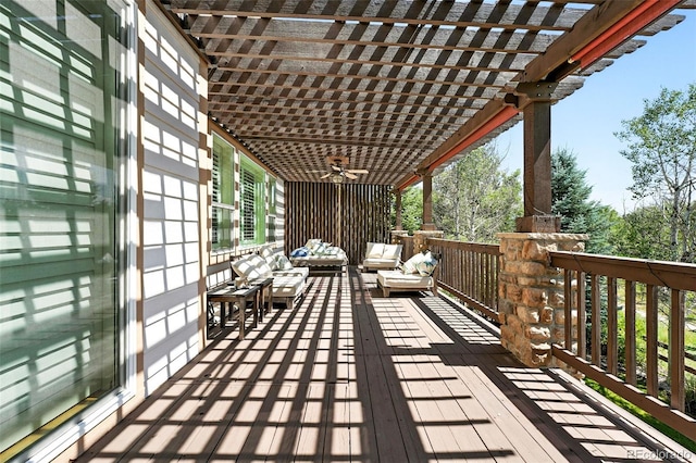 7809 S Coolidge Way, Aurora, CO 80016 - wooden deck with an outdoor living space, ceiling fan, and a pergola