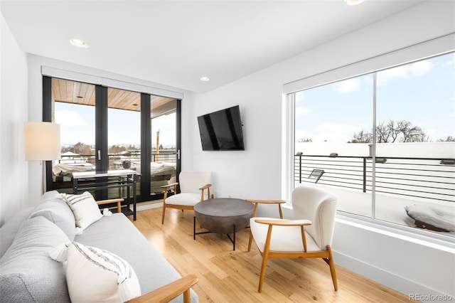 living area featuring baseboards, light wood finished floors, and recessed lighting