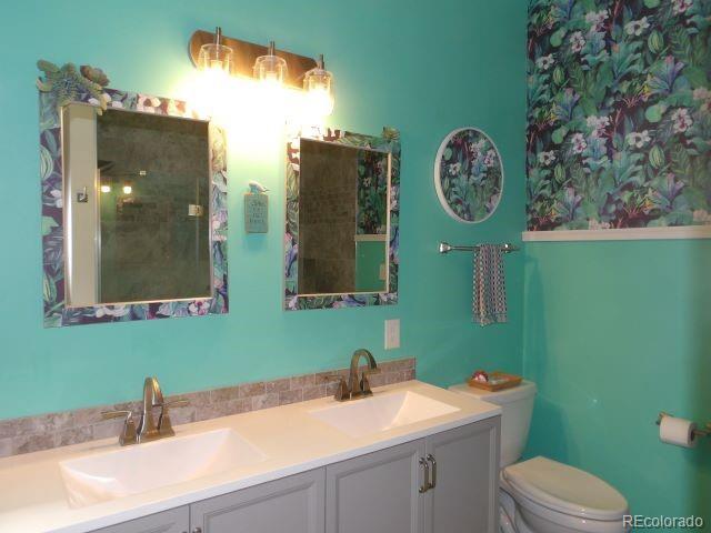 bathroom with a shower, vanity, and toilet