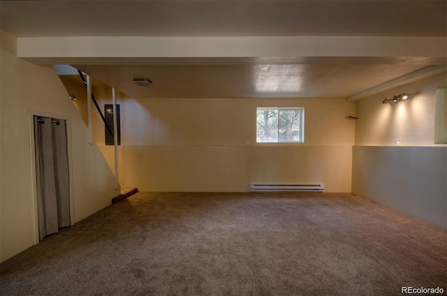 unfurnished room with a baseboard heating unit and carpet floors