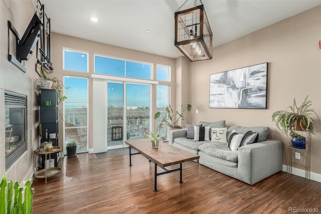 living room with dark hardwood / wood-style floors