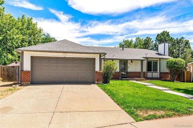 ranch-style home featuring concrete driveway, brick siding, fence, and a front lawn