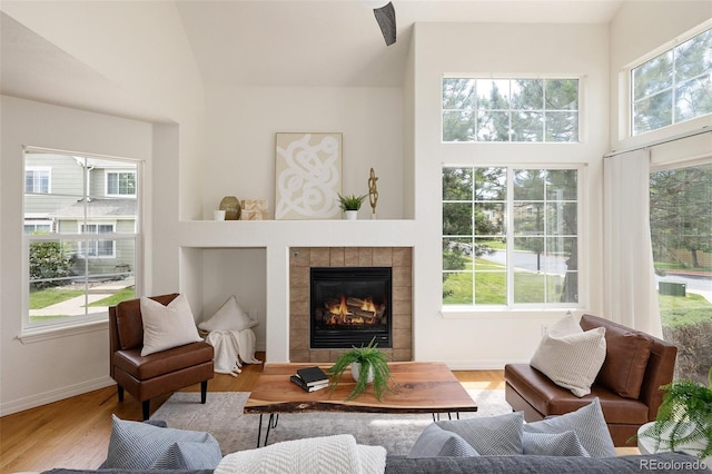 805 Summer Hawk Dr Unit 100, Longmont, CO 80504 - living area with a fireplace, baseboards, wood finished floors, and a towering ceiling