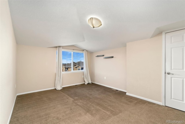 additional living space with carpet, a textured ceiling, and vaulted ceiling