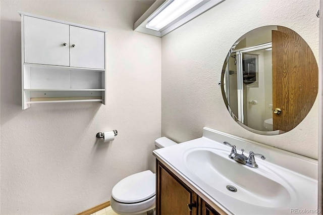 1209 S Flower Cir Unit C, Lakewood, CO 80232 - bathroom featuring toilet, vanity, a shower with shower door, and a textured wall