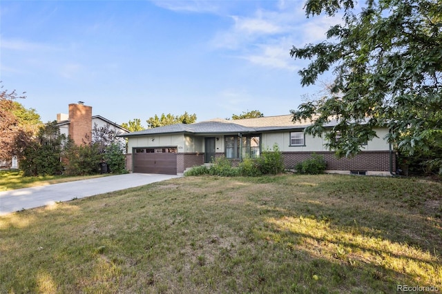 5054 W 61st Dr, Arvada, CO 80003 - single story home with an attached garage, brick siding, concrete driveway, a front yard, and a chimney