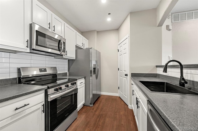 kitchen featuring white cabinets, dark hardwood / wood-style flooring, sink, and stainless steel appliances