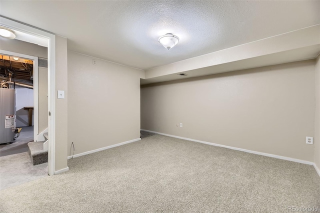 5828 S Pearl St, Centennial, CO 80121 - finished basement with carpet floors, water heater, a textured ceiling, and stairs