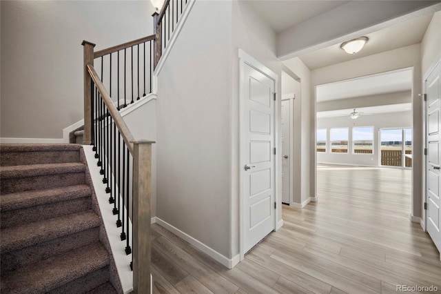 stairway with ceiling fan, baseboards, and wood finished floors