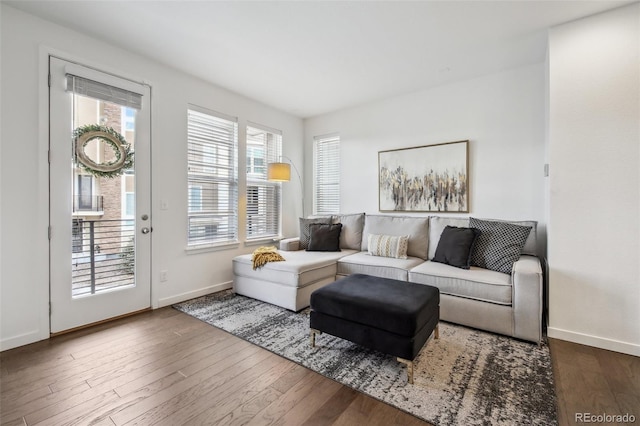 living area with baseboards and wood finished floors