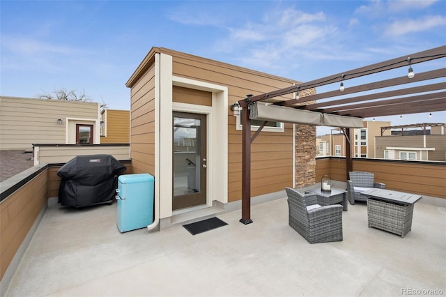 view of patio featuring an outdoor hangout area, a grill, and a pergola