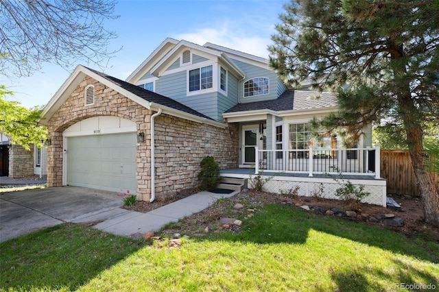 10519 Winterflower Way, Parker, CO 80134 - traditional home with driveway, fence, an attached garage, stone siding, and a front lawn