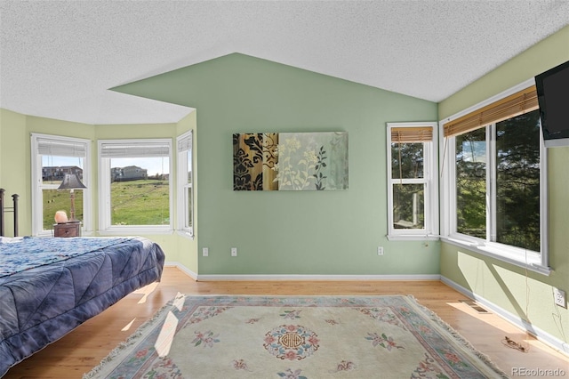 10519 Winterflower Way, Parker, CO 80134 - bedroom featuring lofted ceiling, multiple windows, a textured ceiling, and wood finished floors