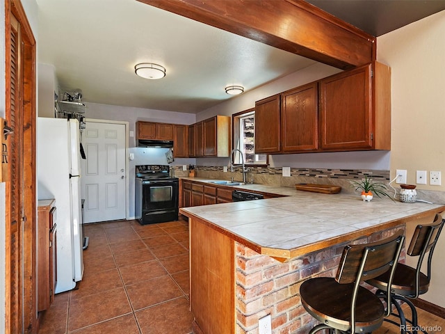 10852 Conifer Mountain Rd, Conifer, CO 80433 - kitchen with black appliances, a sink, under cabinet range hood, a peninsula, and brown cabinets