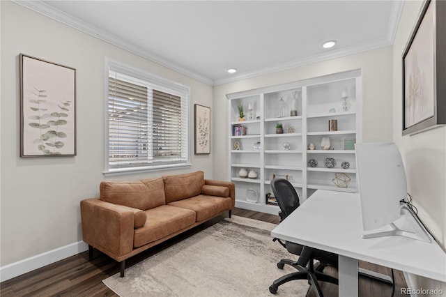 home office with crown molding and dark wood-type flooring