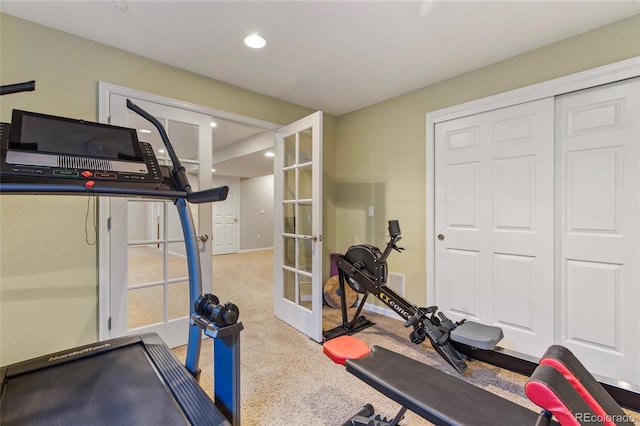 10533 Redcone Way, Highlands Ranch, CO 80130 - exercise room featuring french doors, carpet flooring, and recessed lighting