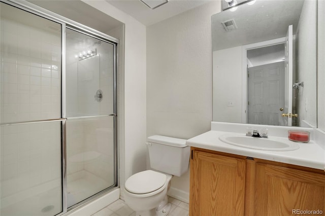 bathroom with a stall shower, visible vents, toilet, a textured ceiling, and vanity