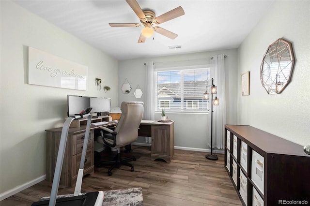 119 Jackson Dr, Erie, CO 80516 - office space with wood finished floors, visible vents, baseboards, and ceiling fan