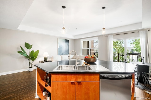 2240 N Clay St Unit 309, Denver, CO 80211 - kitchen with stainless steel dishwasher, open floor plan, plenty of natural light, and a raised ceiling
