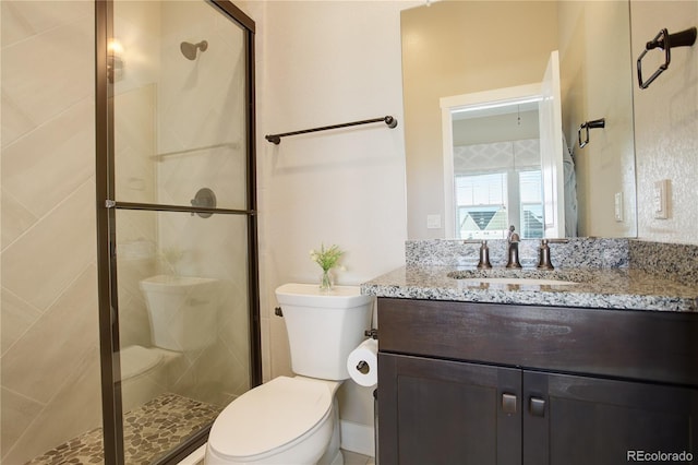 bathroom featuring vanity, a shower stall, and toilet