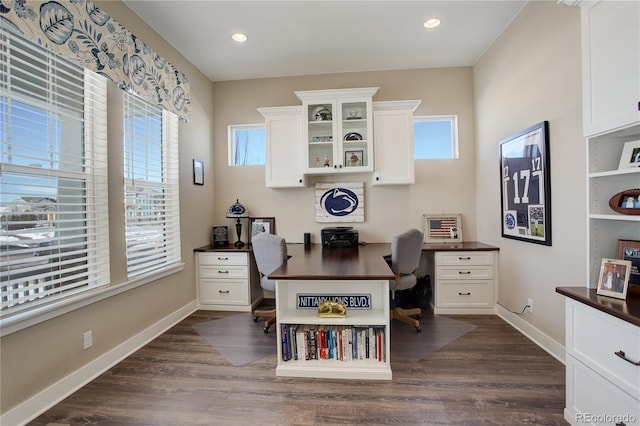 office space featuring baseboards, dark wood finished floors, and recessed lighting