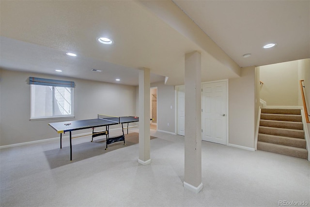 game room with recessed lighting, light carpet, visible vents, and baseboards