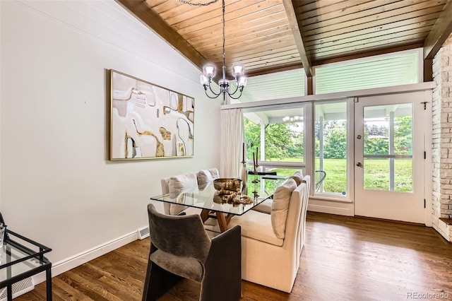 845 Everett St, Lakewood, CO 80215 - dining room with wood ceiling, a chandelier, dark wood-style flooring, and baseboards