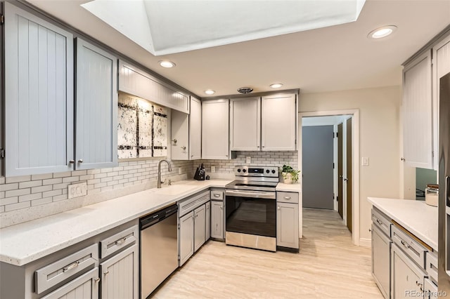 845 Everett St, Lakewood, CO 80215 - kitchen with appliances with stainless steel finishes, a sink, recessed lighting, backsplash, and gray cabinets