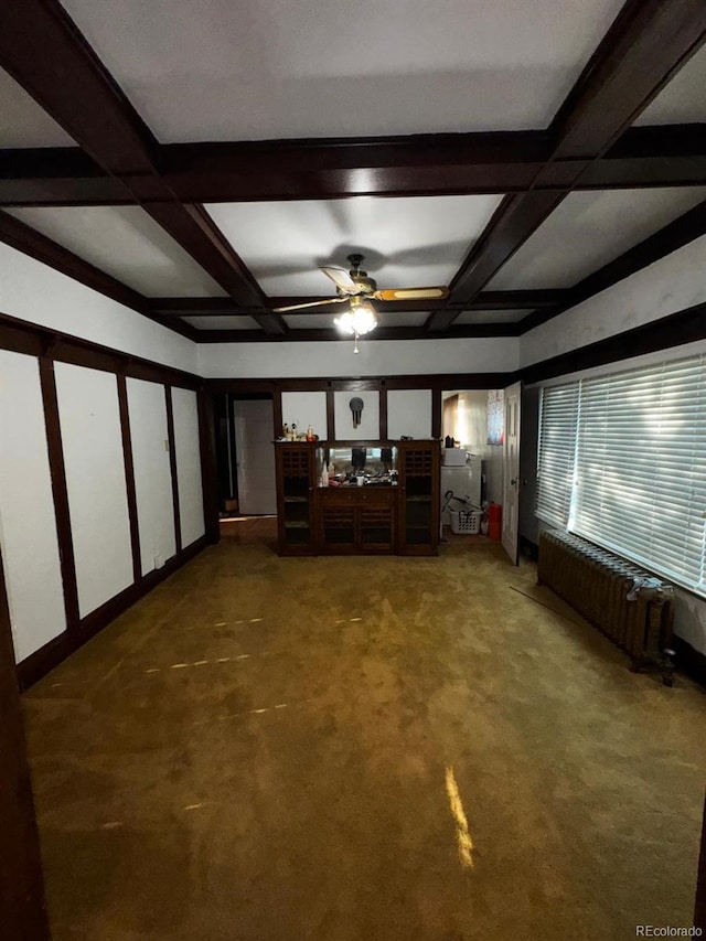 1731 E 25th Ave, Denver, CO 80205 - unfurnished living room featuring coffered ceiling, carpet, ceiling fan, and beamed ceiling