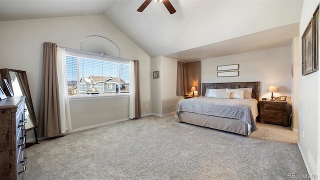 bedroom with ceiling fan, high vaulted ceiling, and light colored carpet