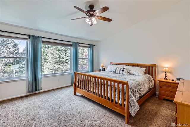 11321 Mesa Verde Pl, Parker, CO 80138 - carpeted bedroom with lofted ceiling, baseboards, and ceiling fan