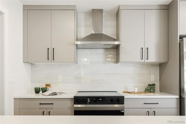 3295 Lawrence St, Denver, CO 80205 - kitchen featuring electric range, wall chimney range hood, gray cabinetry, and tasteful backsplash