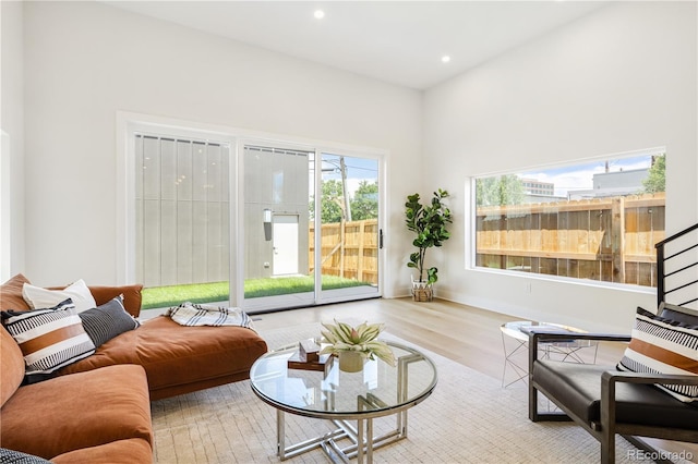 3295 Lawrence St, Denver, CO 80205 - living room featuring wood finished floors and recessed lighting