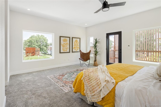 3295 Lawrence St, Denver, CO 80205 - carpeted bedroom featuring access to outside, a ceiling fan, and recessed lighting
