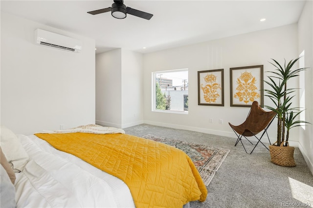 3295 Lawrence St, Denver, CO 80205 - bedroom featuring a wall unit AC, carpet floors, recessed lighting, and ceiling fan