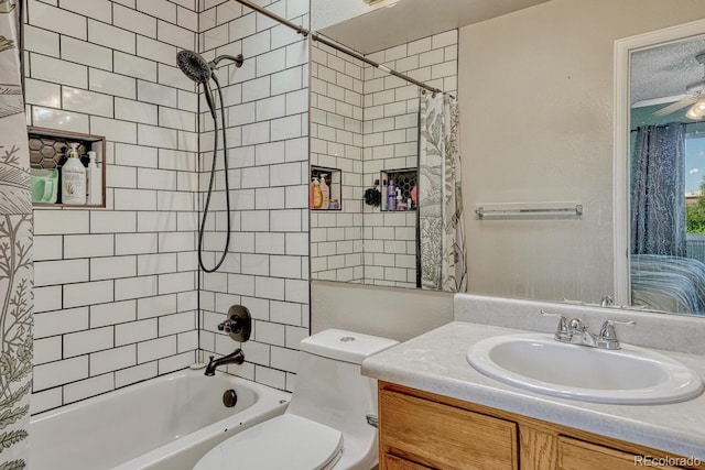 3730 Hazelwood Ct, Colorado Springs, CO 80918 - full bathroom featuring shower / bathtub combination with curtain, vanity, and a ceiling fan